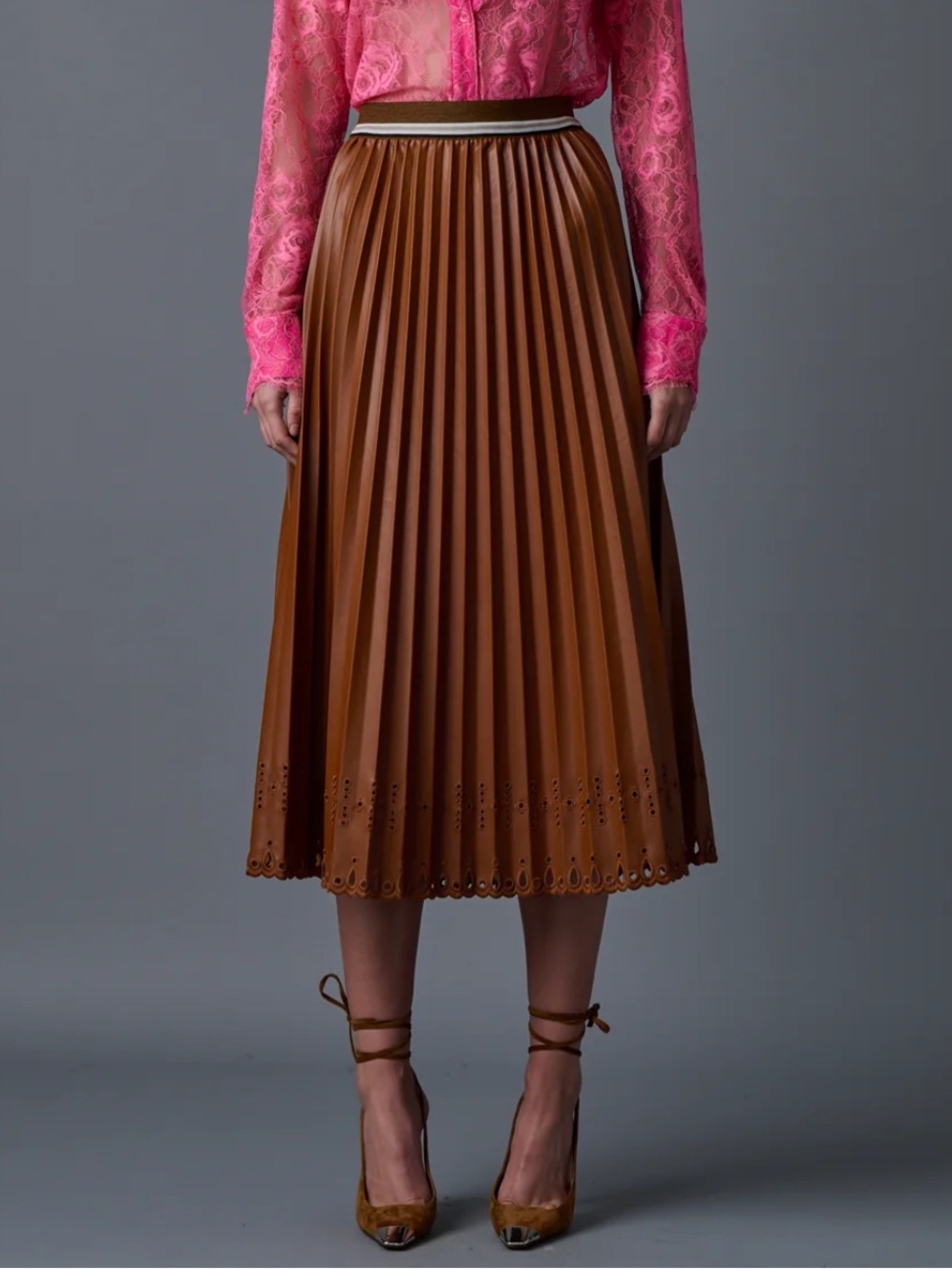 NWT le Superbe Pleated Brown Vegan Leather Midi Skirt - Sleek A-Line Style
